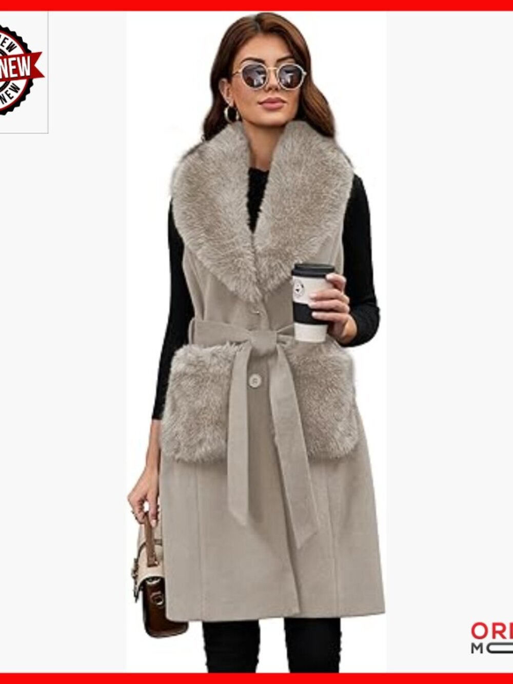Long Wool Vest with Belt and Detachable Faux Fur Collar, Sleeveless Coat